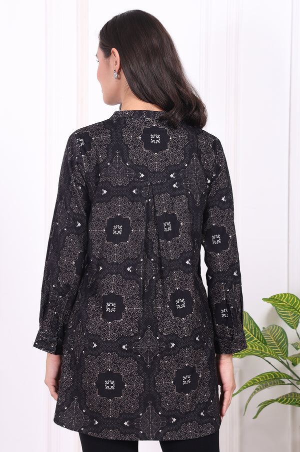 Black Geometric Printed Pure Cotton Straight Shirt