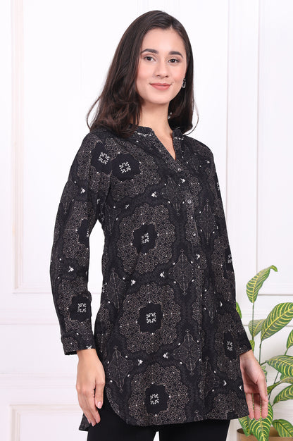 Black Geometric Printed Pure Cotton Straight Shirt