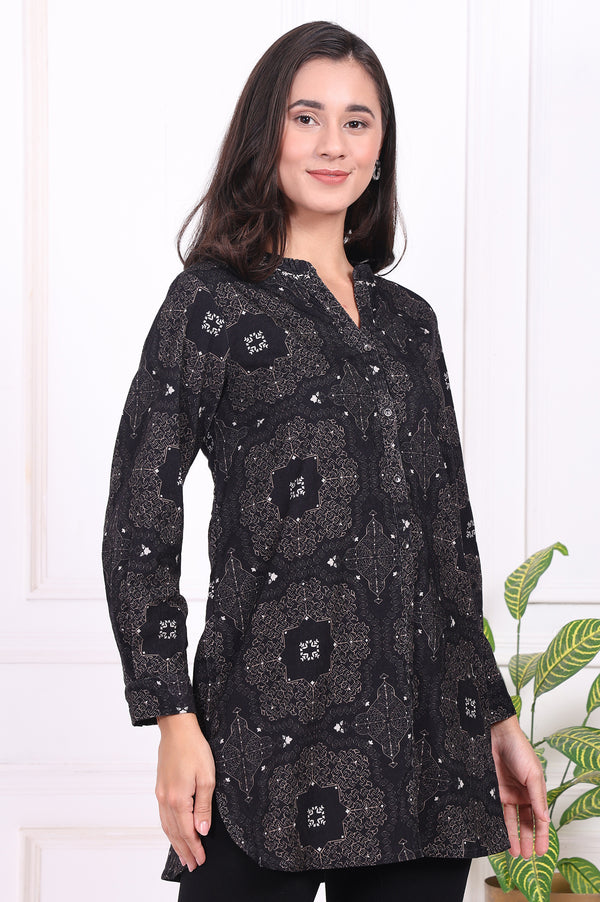 Black Geometric Printed Pure Cotton Straight Shirt