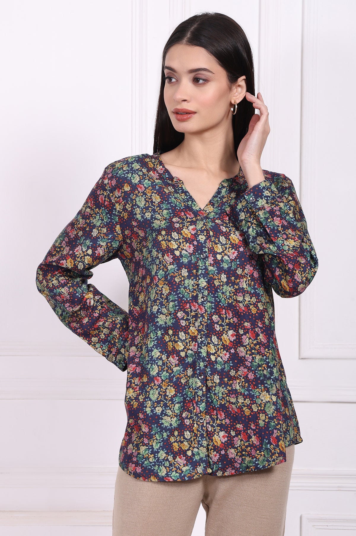 Navy Floral Printed Relaxed Fit Viscose Shirt - S