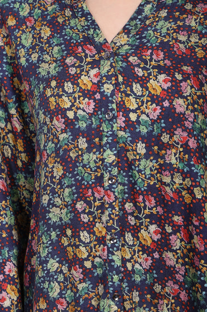 Navy Floral Printed Relaxed Fit Viscose Shirt