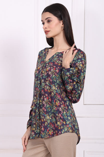 Navy Floral Printed Relaxed Fit Viscose Shirt