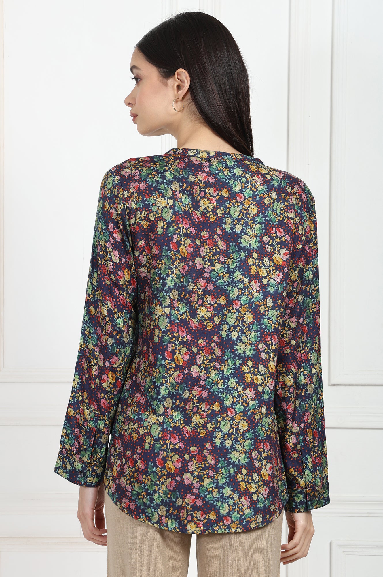 Navy Floral Printed Relaxed Fit Viscose Shirt