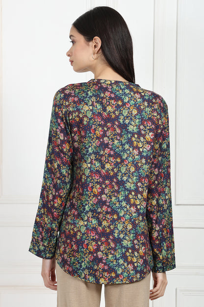 Navy Floral Printed Relaxed Fit Viscose Shirt