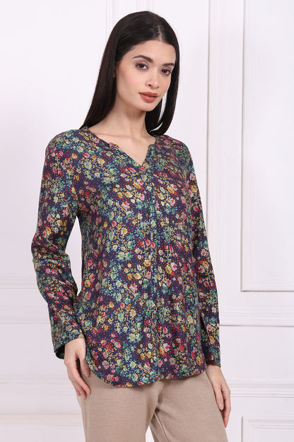 Navy Floral Printed Relaxed Fit Viscose Shirt