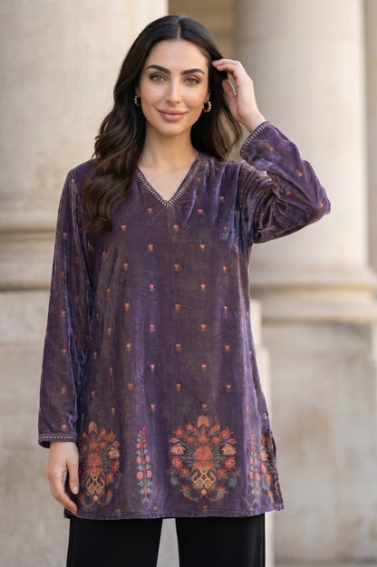Purple Floral Printed Embroidered Velvet Straight Winter Tunic