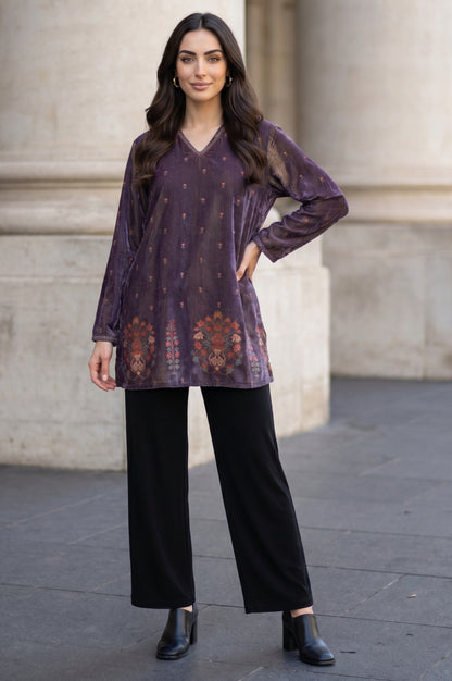 Purple Floral Printed Embroidered Velvet Straight Winter Tunic