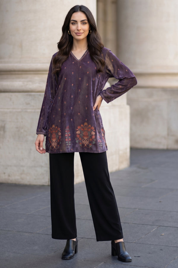 Purple Floral Printed Embroidered Velvet Straight Winter Tunic