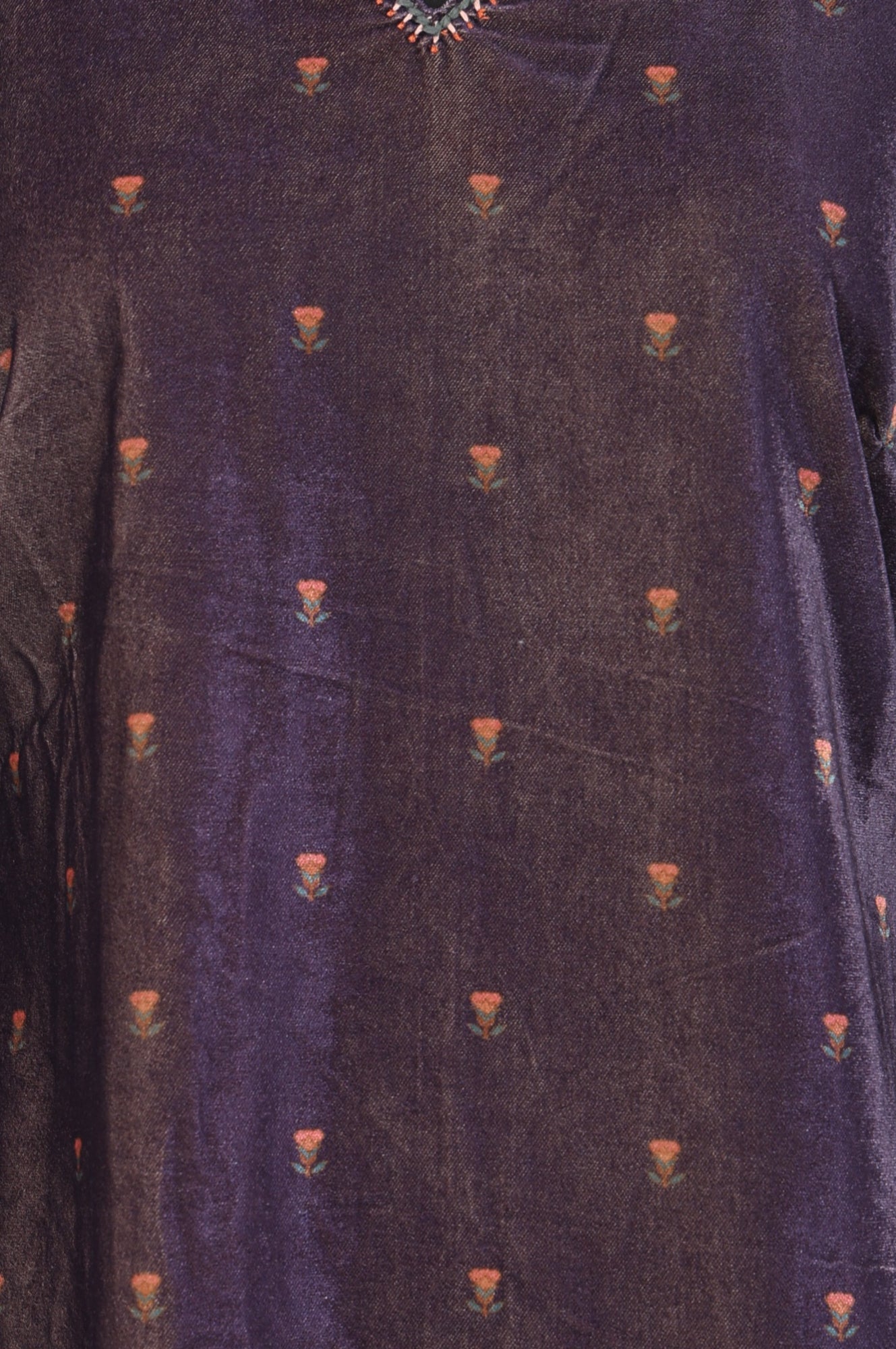 Purple Floral Printed Embroidered Velvet Straight Winter Tunic