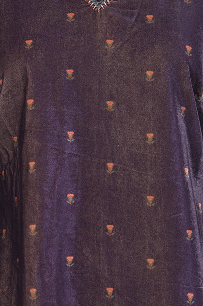 Purple Floral Printed Embroidered Velvet Straight Winter Tunic