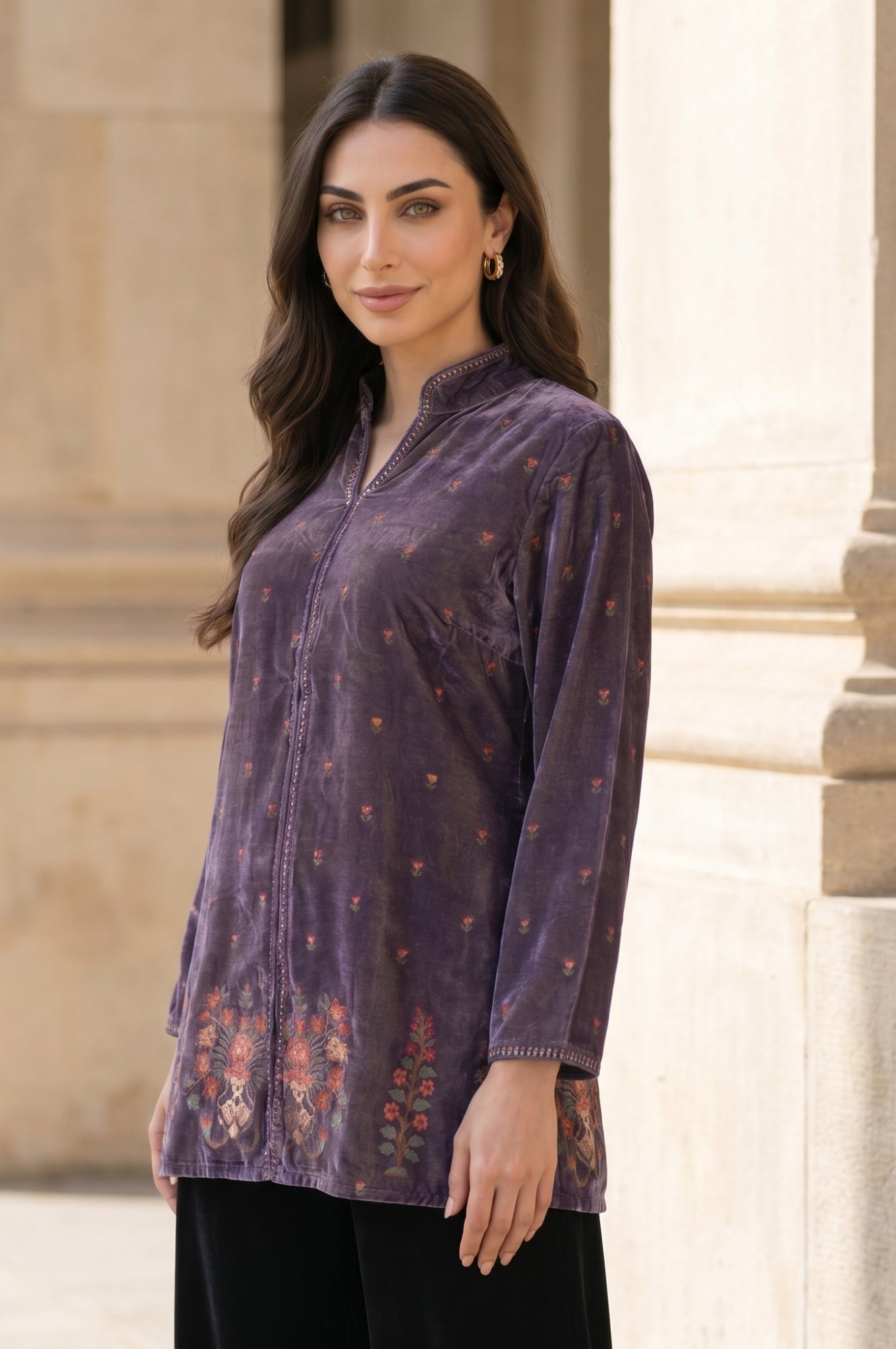 Purple Floral Printed Embroidered Velvet Straight Winter Tunic