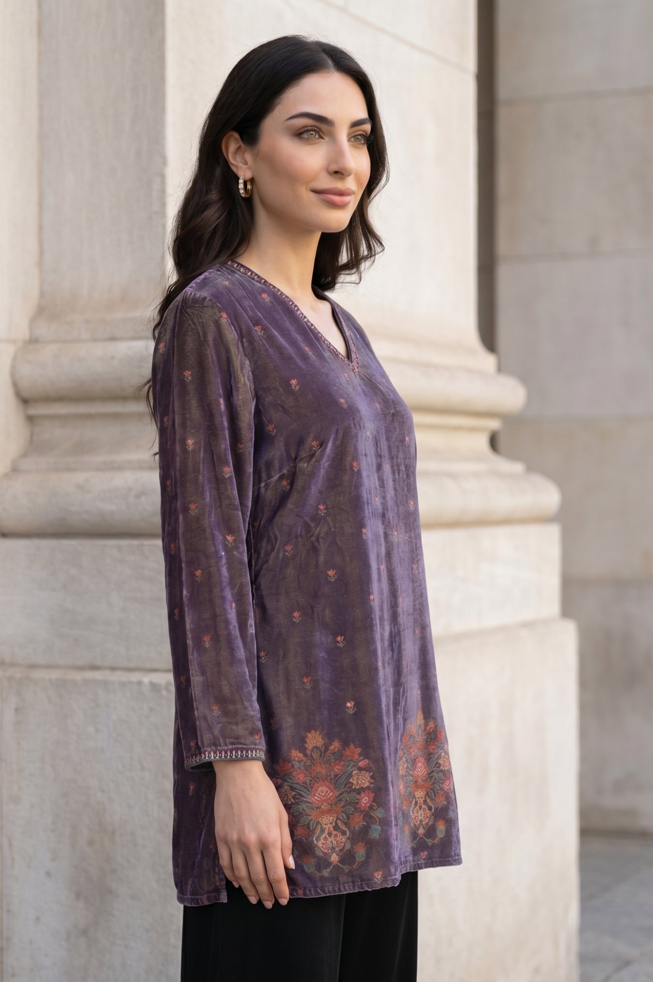 Purple Floral Printed Embroidered Velvet Straight Winter Tunic