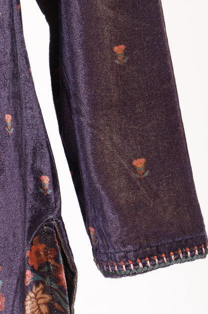 Purple Floral Printed Embroidered Velvet Straight Winter Tunic