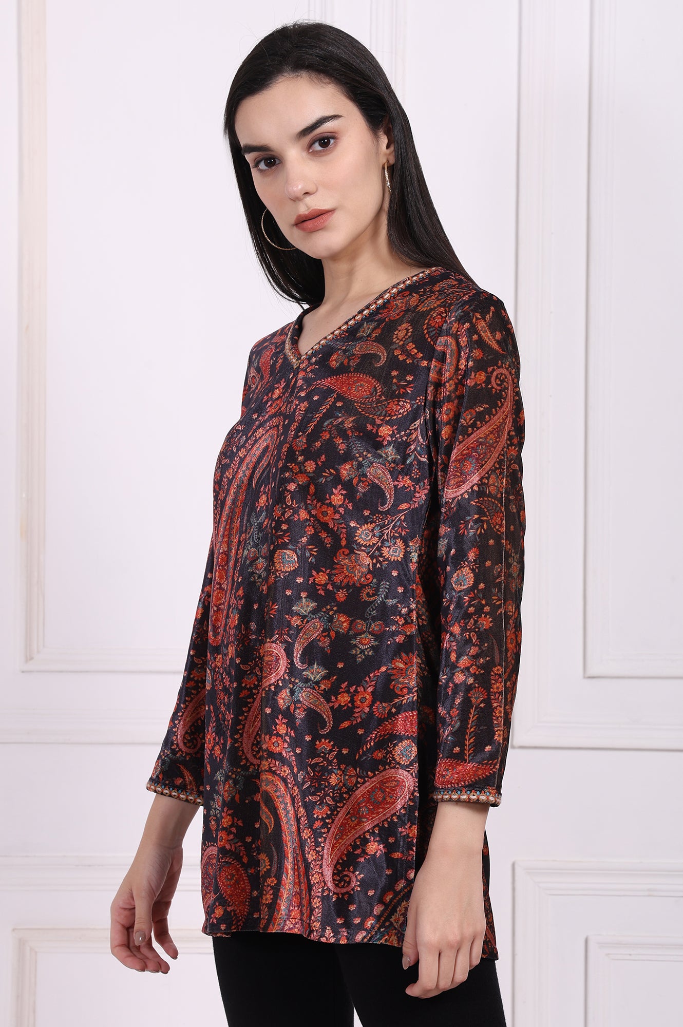 Black Paisley Printed Straight Velvet Tunic with Embroidered Neck
