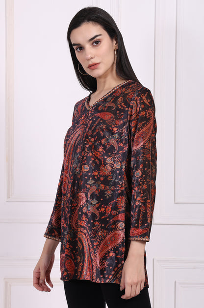 Black Paisley Printed Straight Velvet Tunic with Embroidered Neck