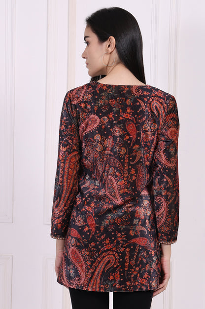 Black Paisley Printed Straight Velvet Tunic with Embroidered Neck