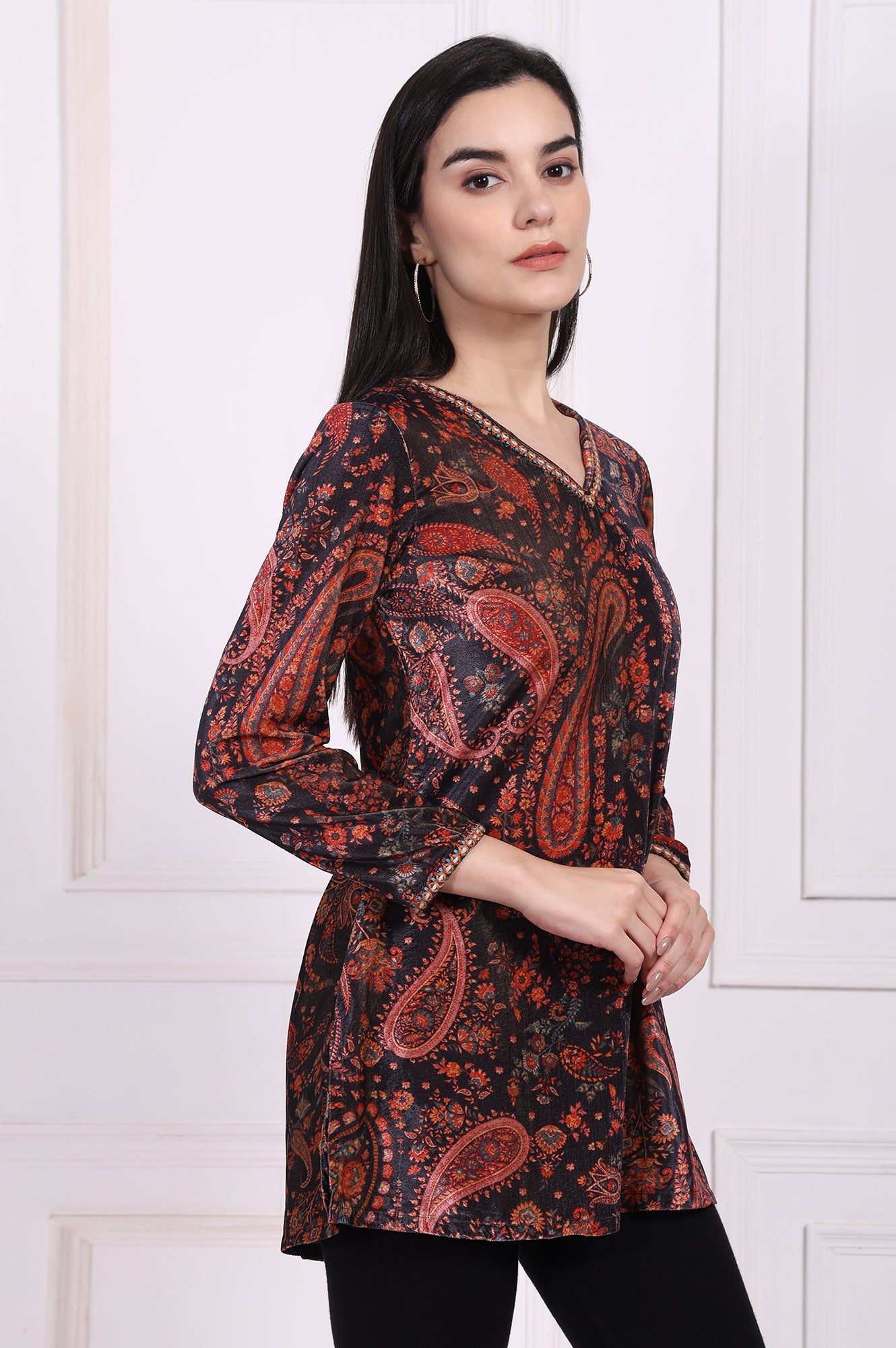 Black Paisley Printed Straight Velvet Tunic with Embroidered Neck
