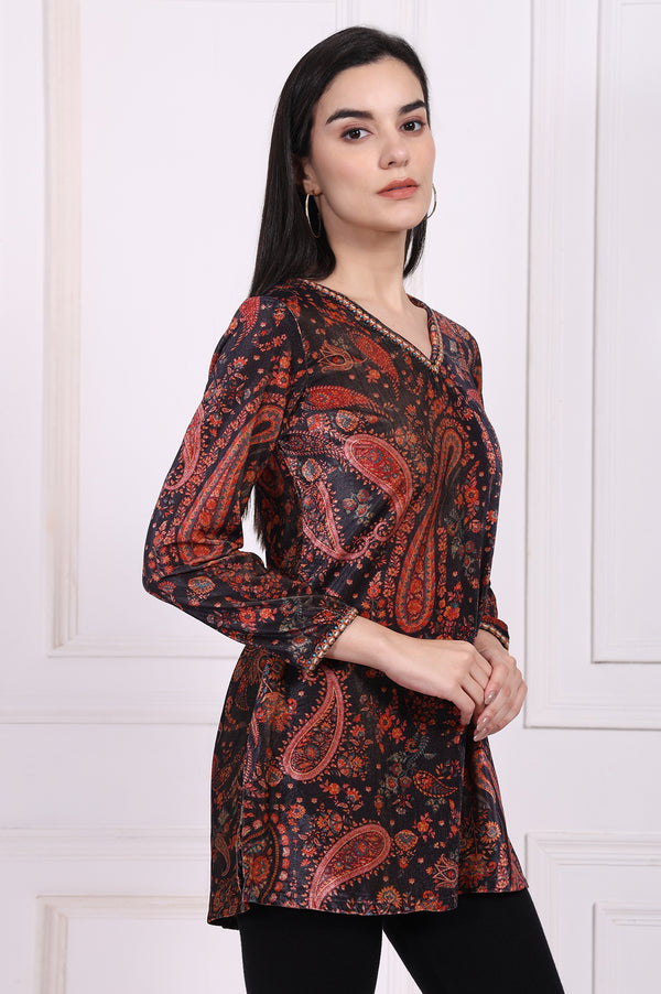 Black Paisley Printed Straight Velvet Tunic with Embroidered Neck