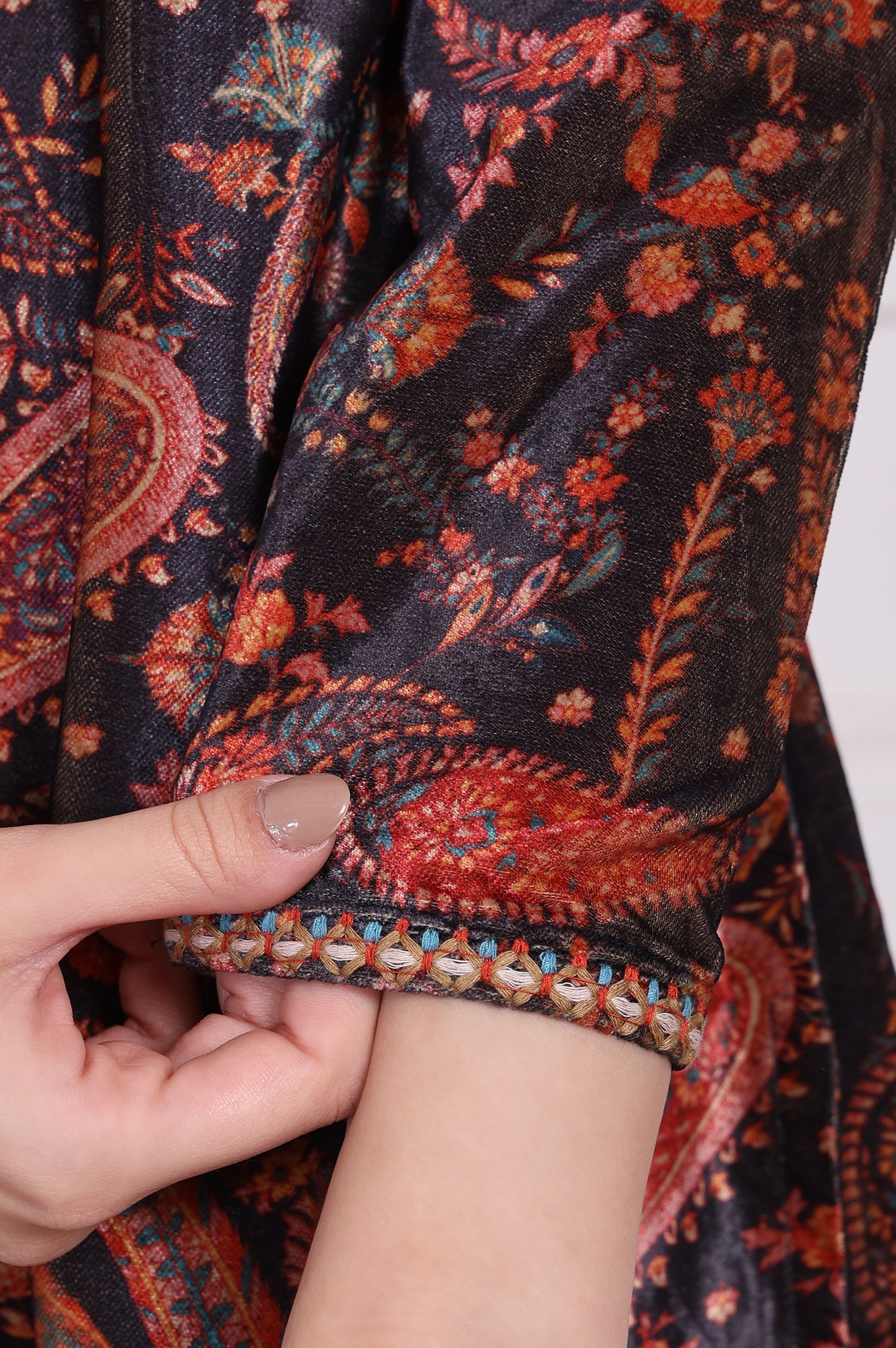 Black Paisley Printed Straight Velvet Tunic with Embroidered Neck