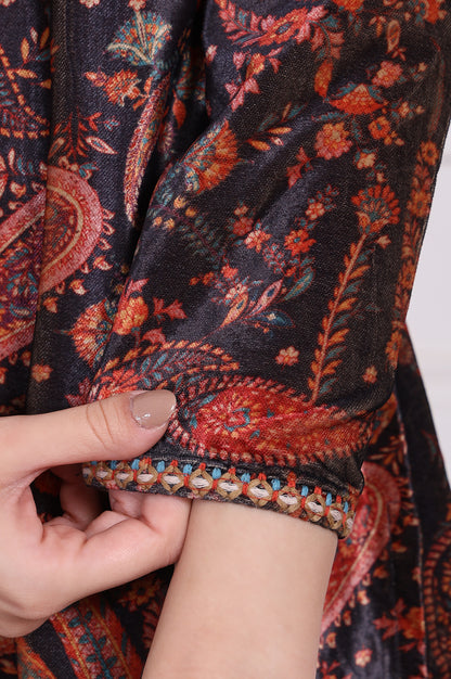 Black Paisley Printed Straight Velvet Tunic with Embroidered Neck