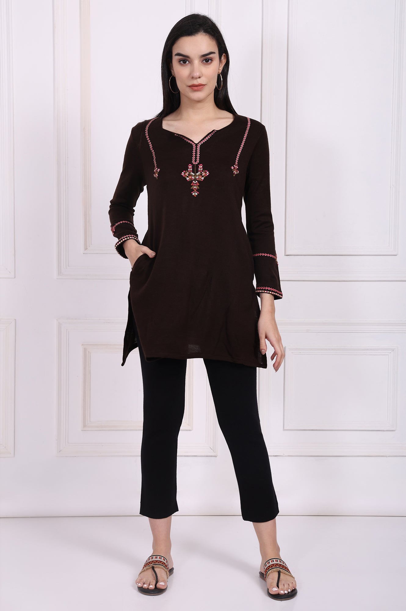 Brown Embroidered Straight Acrylic Tunic