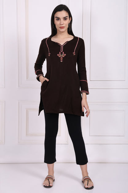 Brown Embroidered Straight Acrylic Tunic