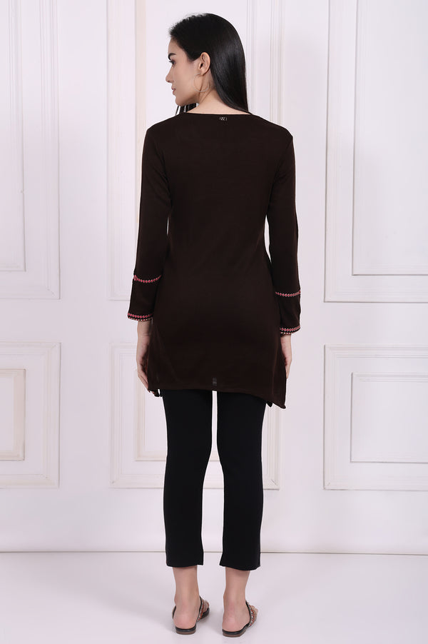 Brown Embroidered Straight Acrylic Tunic