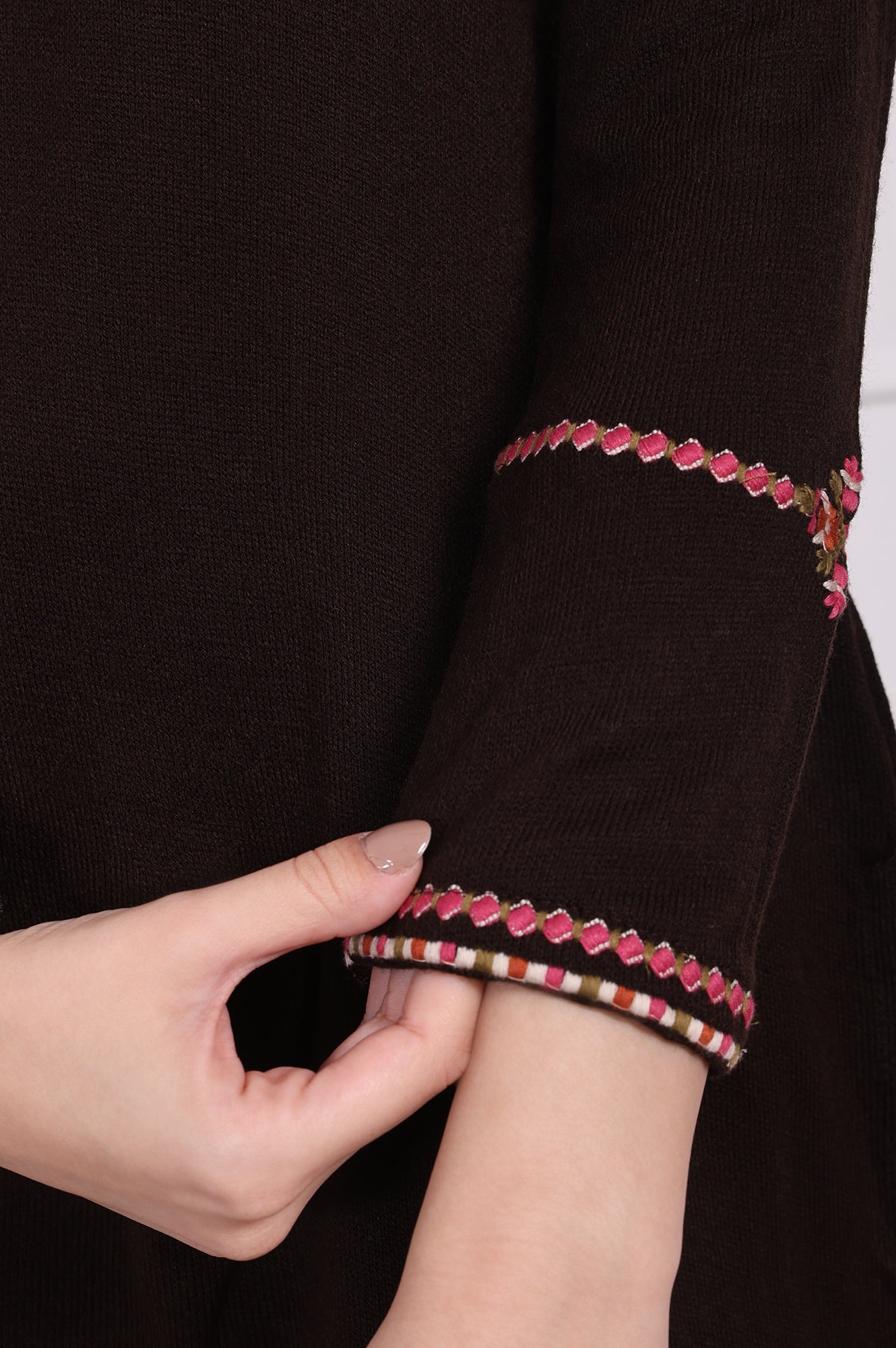 Brown Embroidered Straight Acrylic Tunic