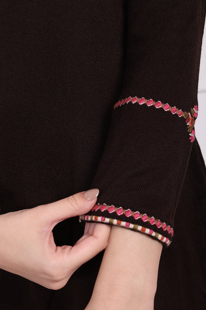 Brown Embroidered Straight Acrylic Tunic