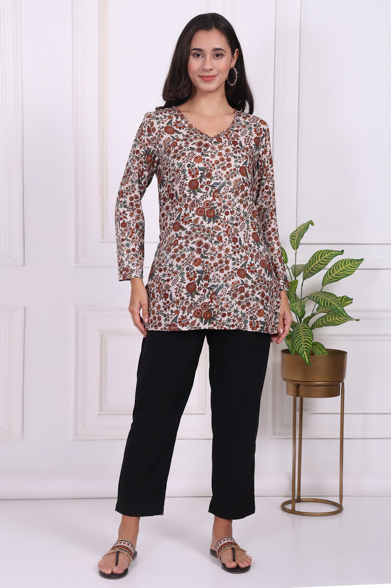 Beige Floral Printed Straight Tunic