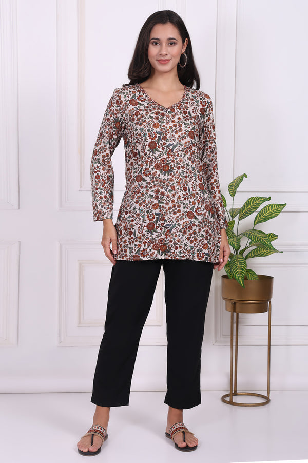 Beige Floral Printed Straight Tunic
