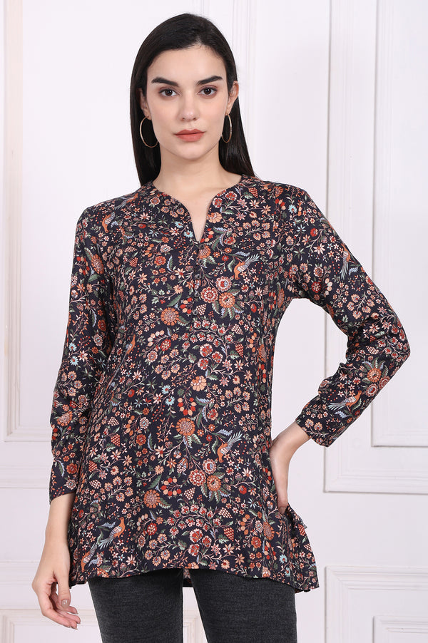 Navy Blue Floral Printed A-Line Rayon Tunic