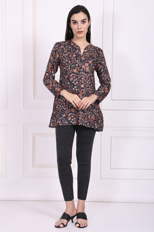 Navy Blue Floral Printed A-Line Rayon Tunic