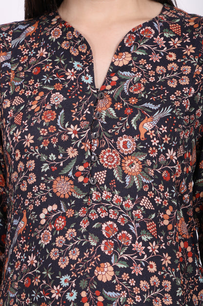 Navy Blue Floral Printed A-Line Rayon Tunic