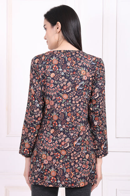 Navy Blue Floral Printed A-Line Rayon Tunic