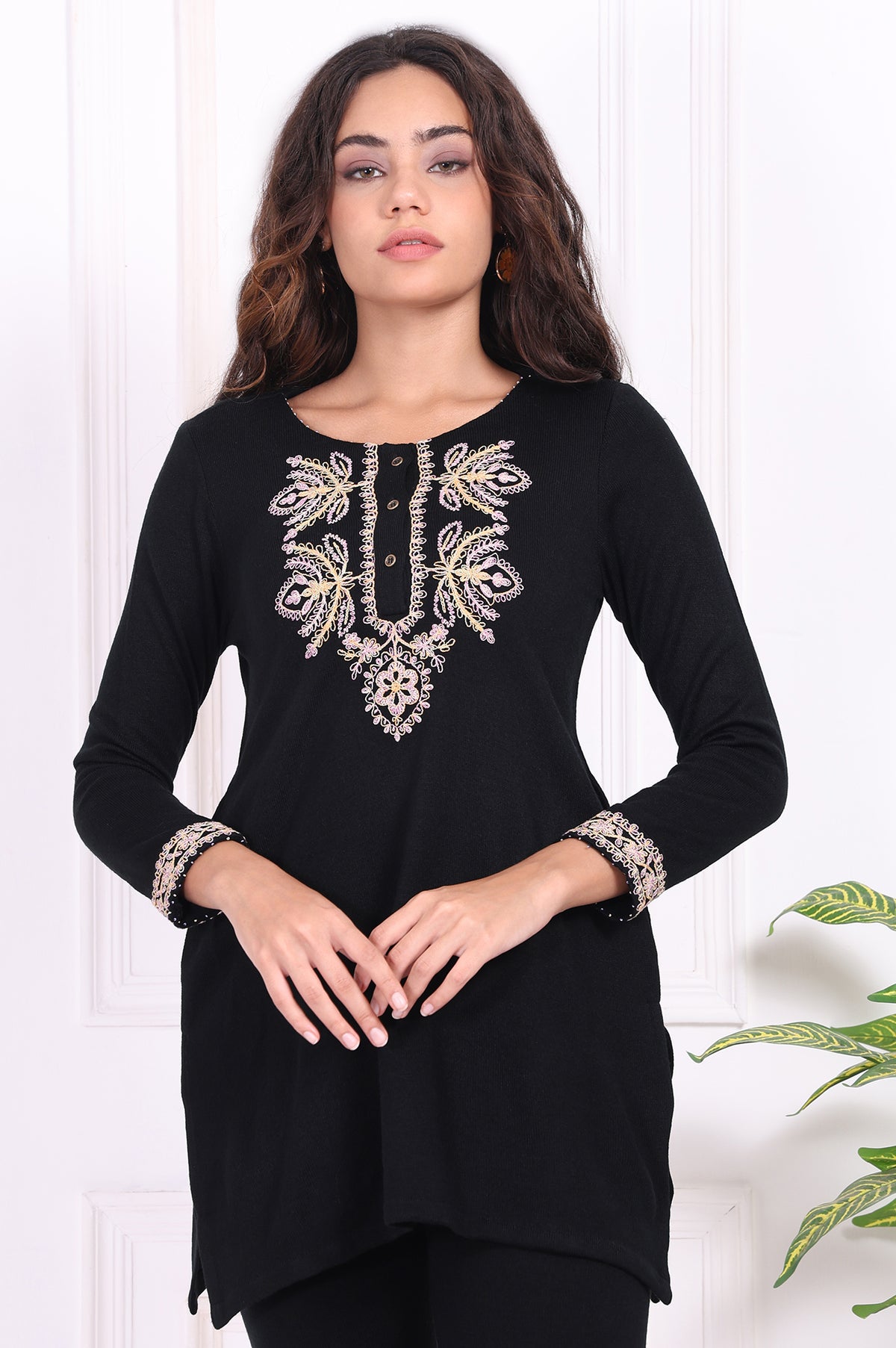 Black Embroidered Straight Acrylic Tunic - S