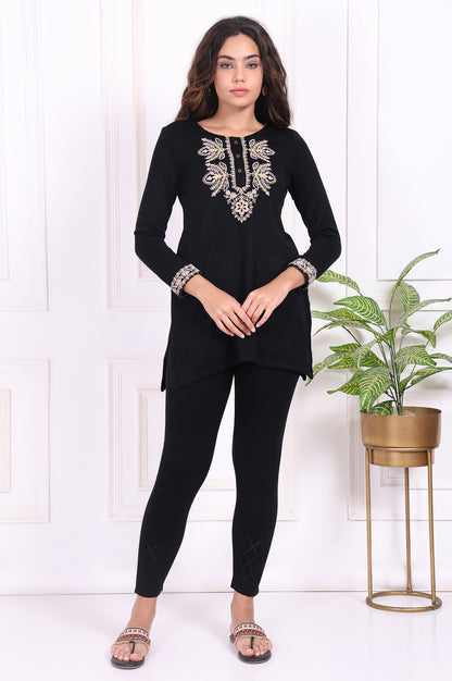 Black Embroidered Straight Acrylic Tunic