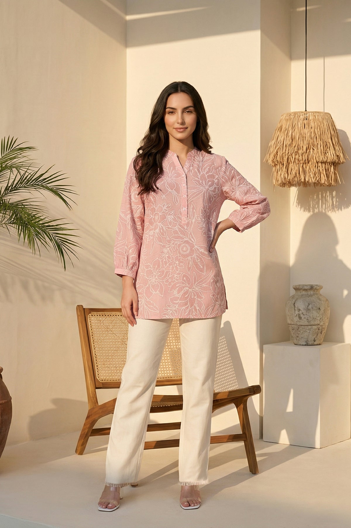 Pink Floral Printed Pure Cotton Straight Top - XS