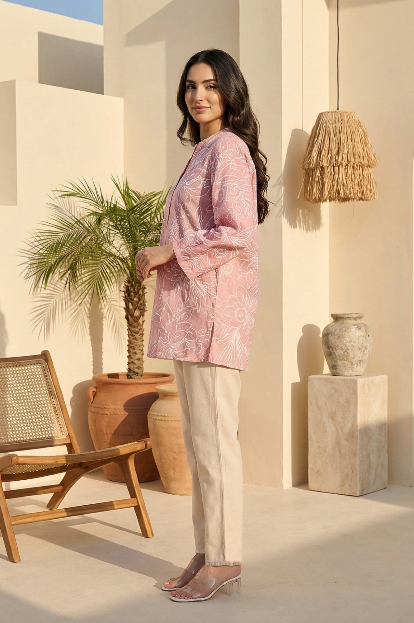 Pink Floral Printed Pure Cotton Straight Top