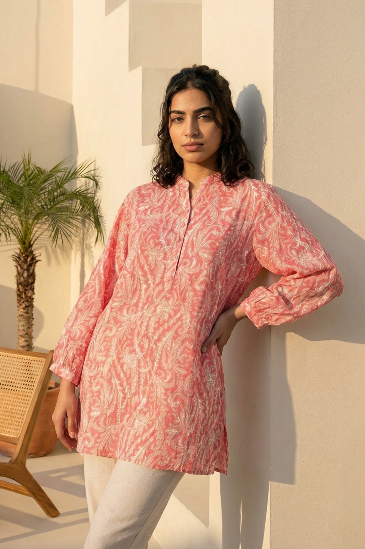 Pink Paisley Printed Modal Straight Top - XS