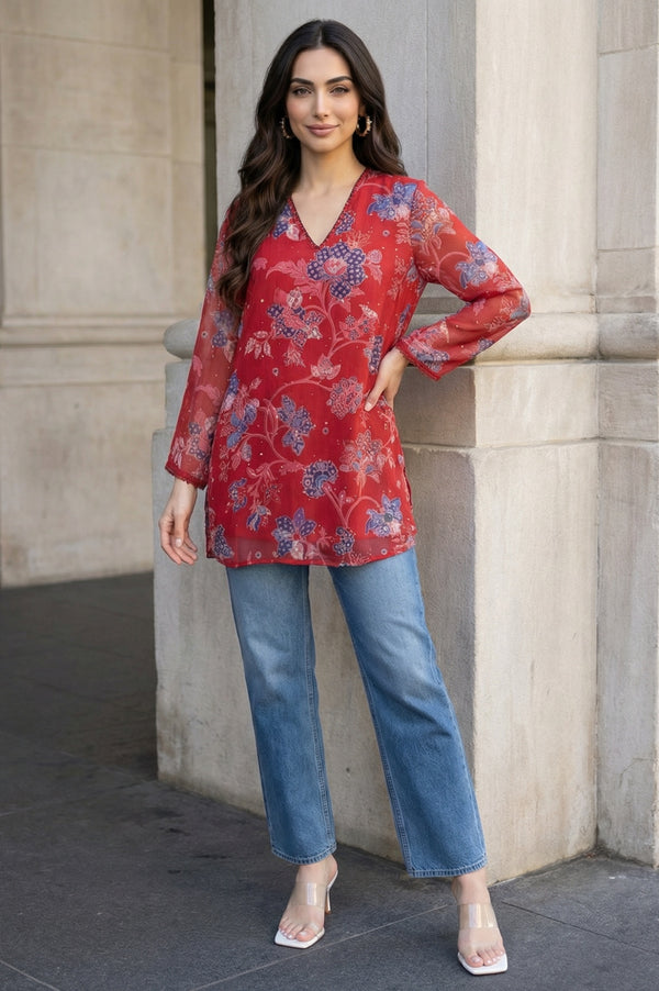 Red Floral Printed Chiffon Straight Top