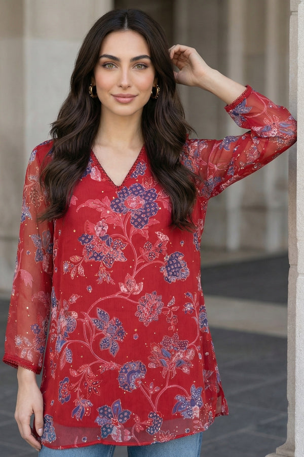 Red Floral Printed Chiffon Straight Top