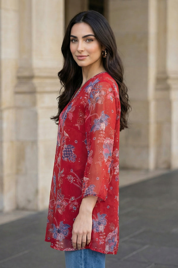 Red Floral Printed Chiffon Straight Top