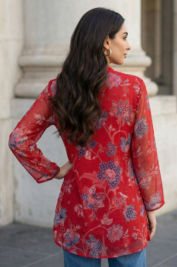 Red Floral Printed Chiffon Straight Top