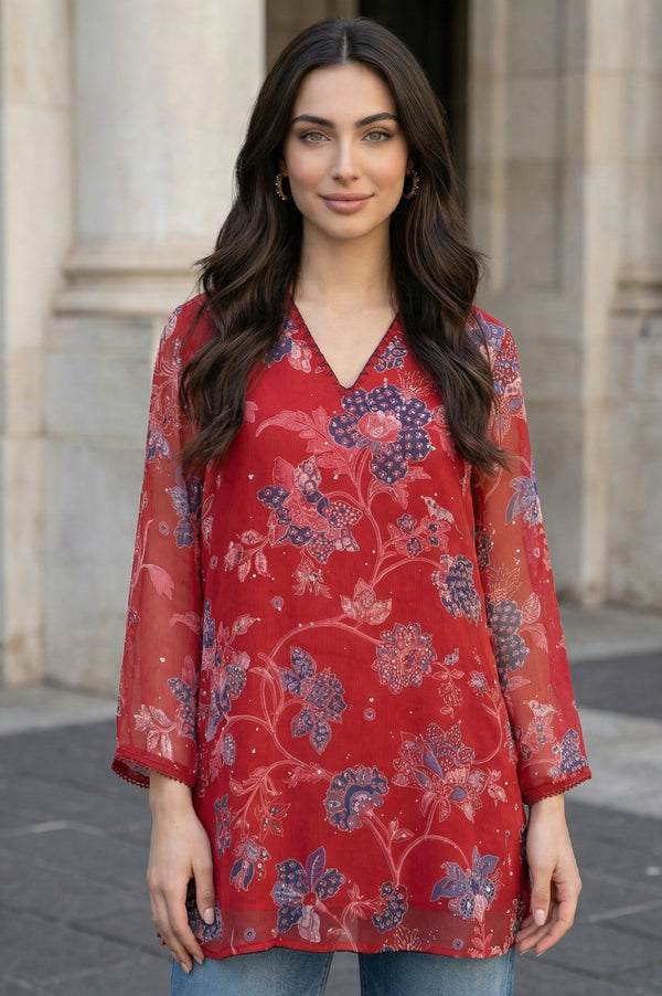 Red Floral Printed Chiffon Straight Top