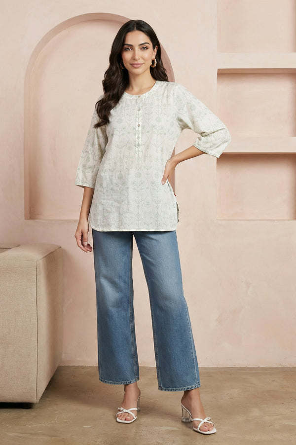 Light Green Schiffli Embroidered Pure Cotton Straight Top
