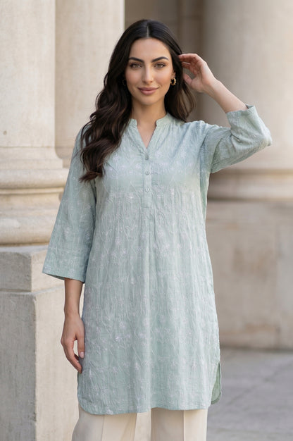 Sea Green Embroidered Rayon Flax Straight Tunic