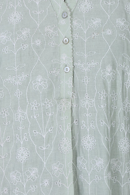 Sea Green Embroidered Rayon Flax Straight Tunic