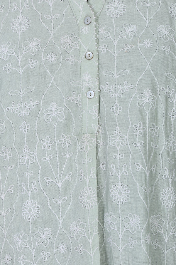 Sea Green Embroidered Rayon Flax Straight Tunic