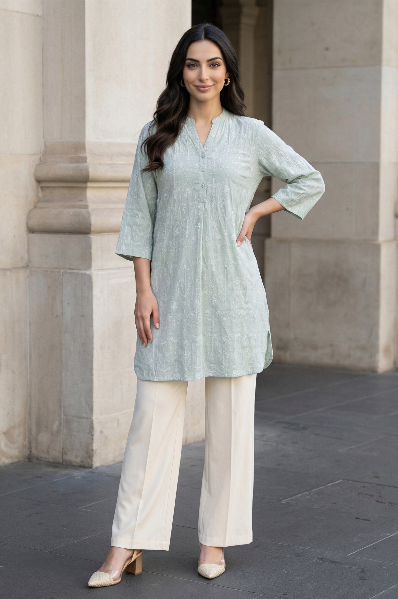 Sea Green Embroidered Rayon Flax Straight Tunic
